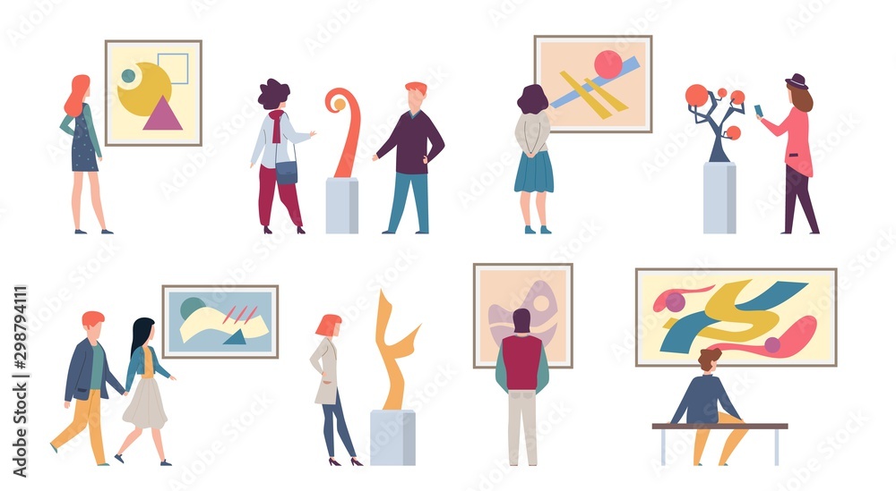 Exhibition visitors. Young tourists looking art fashion abstract paintings and taking photos in museum or gallery, vector illustration