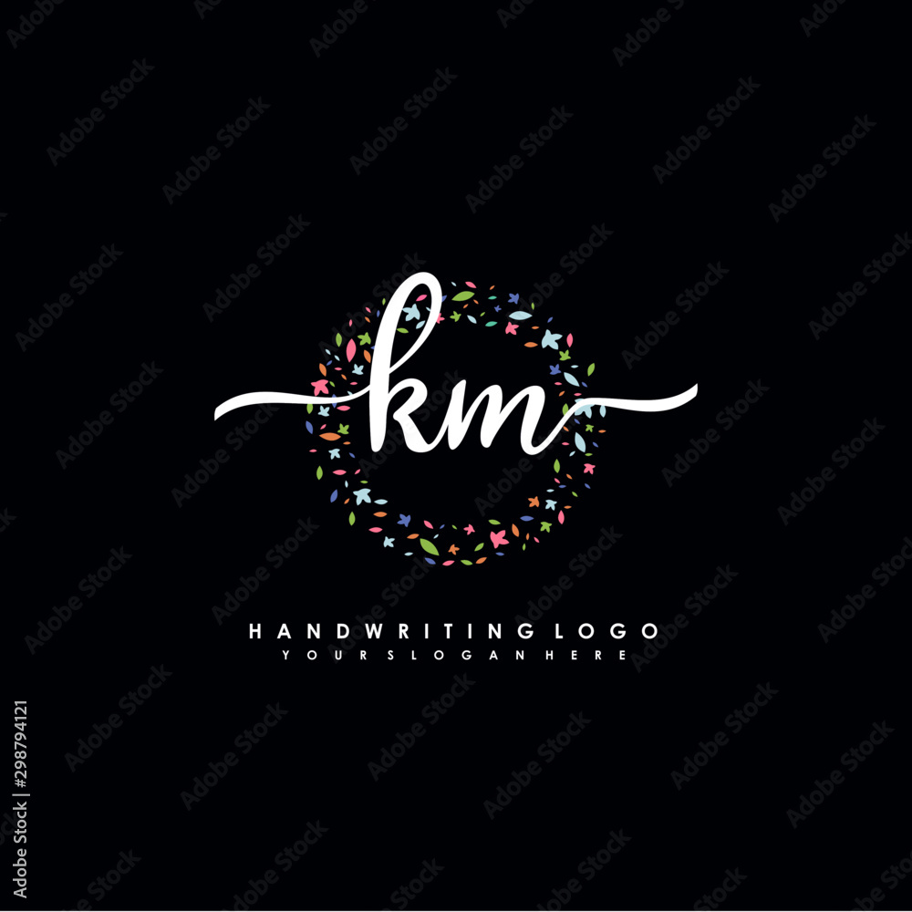 KM initials handwritten logo with flower templates surround the letters. initial wedding template vector