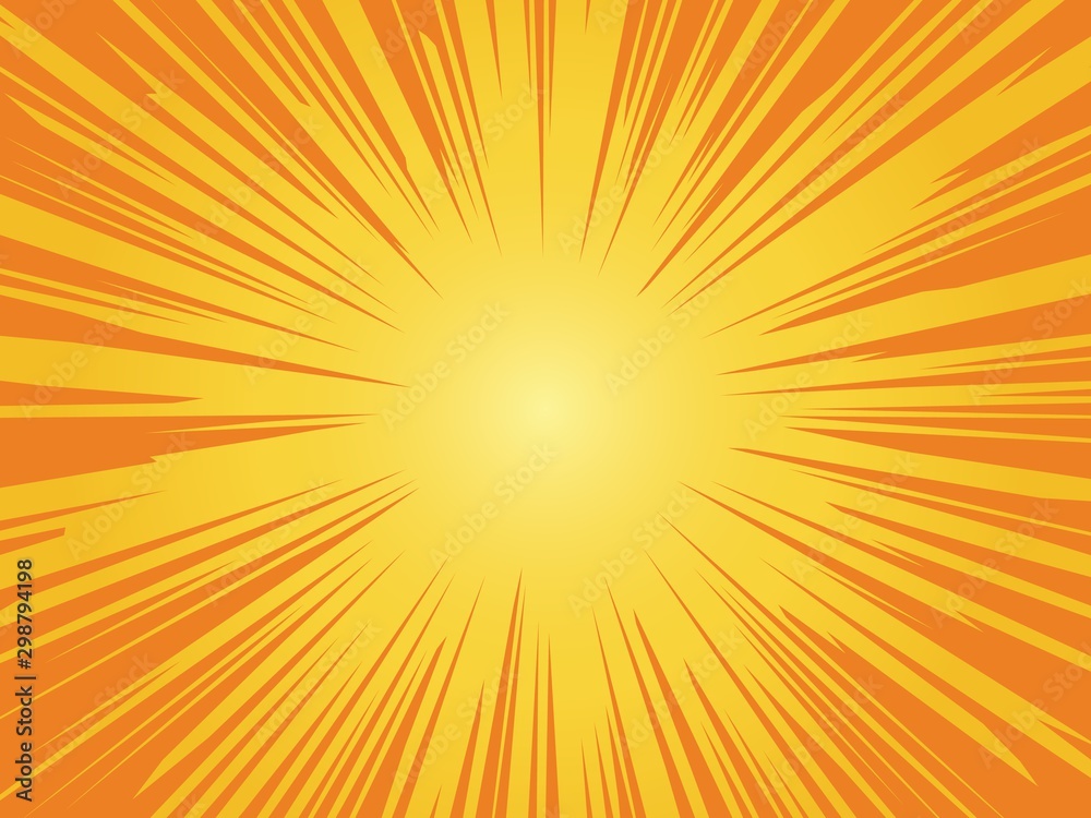 Orange sun background. Sunrise vintage circle shiny design with heating star yellow graphic rays vector pattern
