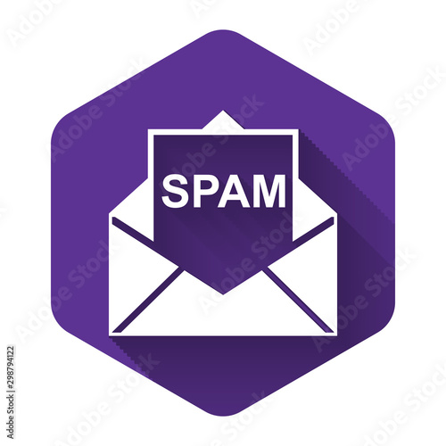 White Envelope with spam icon isolated with long shadow. Concept of virus, piracy, hacking and security. Purple hexagon button. Vector Illustration