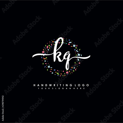 KQ initials handwritten logo with flower templates surround the letters. initial wedding template vector