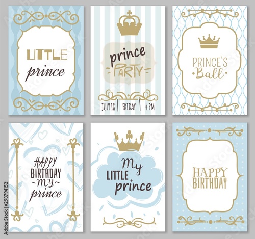Prince frames. Cute boy party invitation shower or sweet photo borders for elegant blue decor of card vector templates