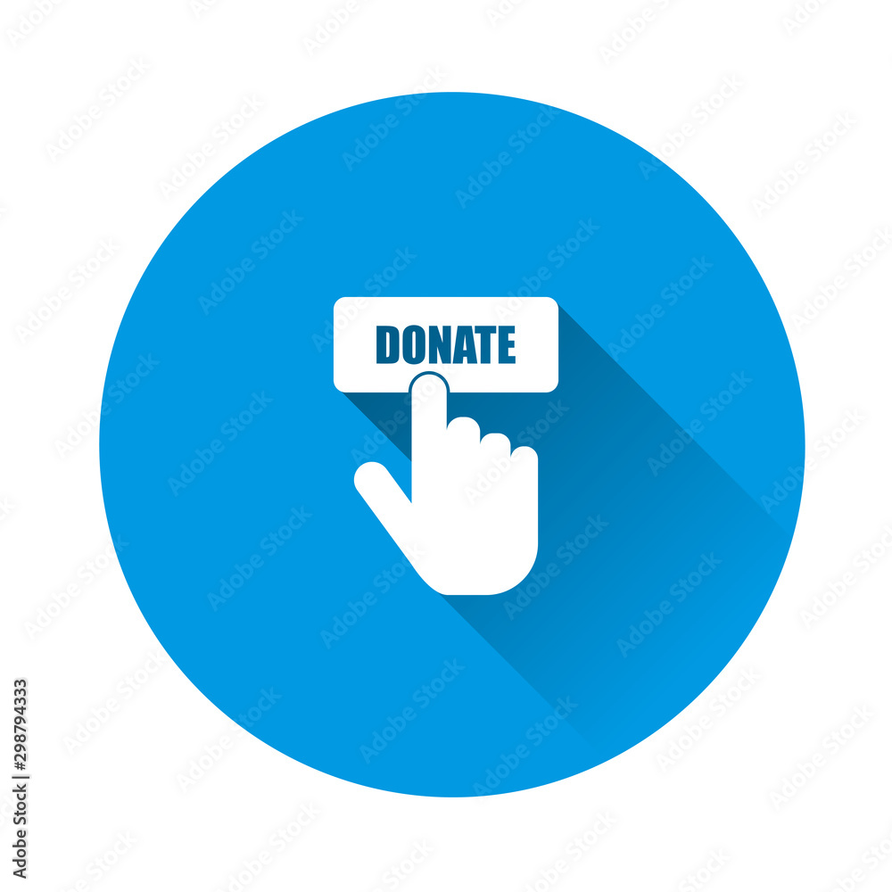 Vector icon hand presses button donate icon on blue background. Flat image with long shadow. Vector icon hand presses button donate icon on blue background. Flat image with long shadow.