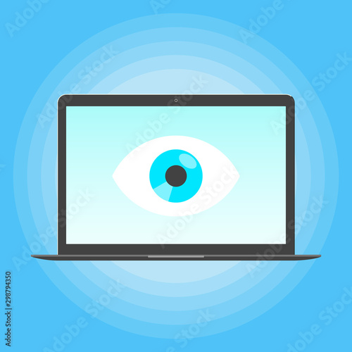 Big brother concept. Laptop spying with big eye on the screen of notebook monitor isolated on light blue background flat style design vector illustration.