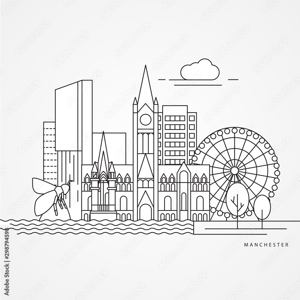 Manchester England, detailed silhouette. Trendy vector illustration, flat style. Stylish colorful landmarks. The concept for a web banner. Business icon