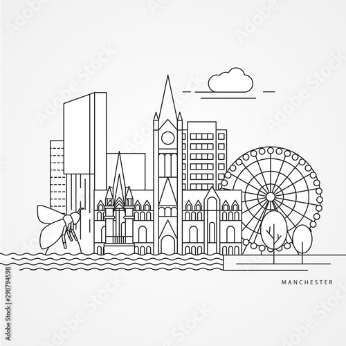 Manchester England, detailed silhouette. Trendy vector illustration, flat style. Stylish colorful landmarks. The concept for a web banner. Business icon