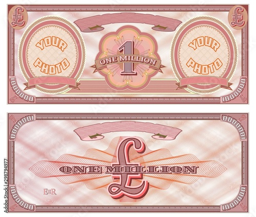 One million pounds red banknote sample with two ovals for your photos