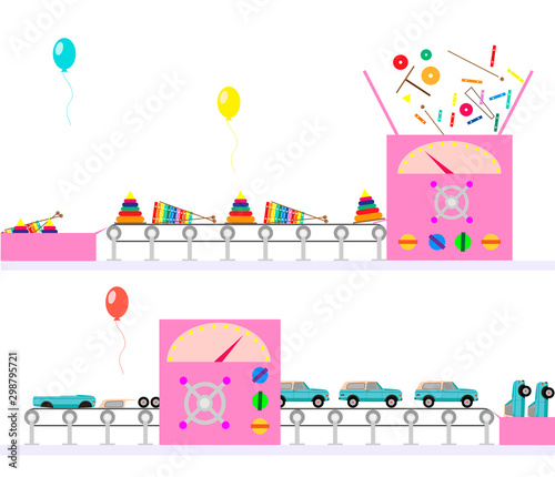 Illustration of a conveyor belt for the production of children's toys. Vector illustration.