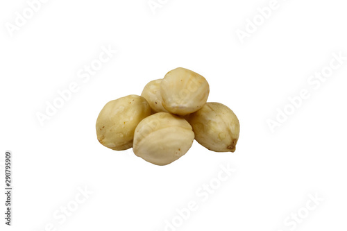Peeled hazelnuts isolated on white background