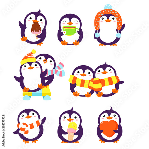 Fototapeta Naklejka Na Ścianę i Meble -  Set of cute cartoon penguins in different poses