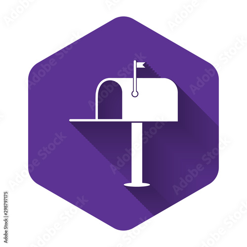 White Open mail box icon isolated with long shadow. Mailbox icon. Mail postbox on pole with flag. Purple hexagon button. Vector Illustration