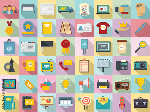 Advertising agency icons set. Flat set of advertising agency vector icons for web design
