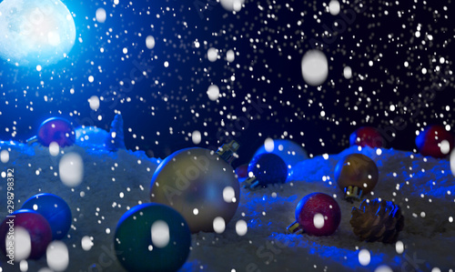 Christmas card with a winter forest and christmas decorations on snow in a moonlit night. Low key photo. The elements of this image furnished by NASA
