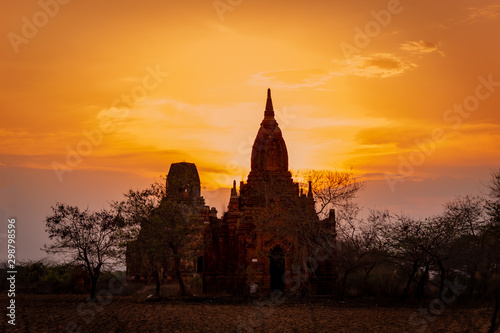 Ancient temple and pagoda in Bagan ,Myammar .This show Archaeological place of Myammar with sunlight sky background.