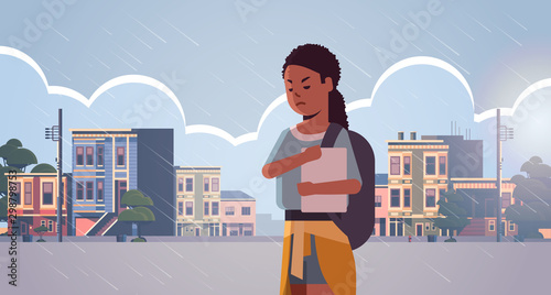 upset lonely female student having anxiety depressed girl with backpack holding book depression stress concept modern city street cityscape background flat portrait horizontal vector illustration