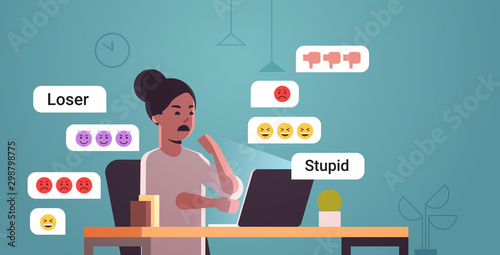 girl being bullied woman using online application reading insulting messages social media harassment trolling cyber bullying concept full length flat horizontal vector illustration