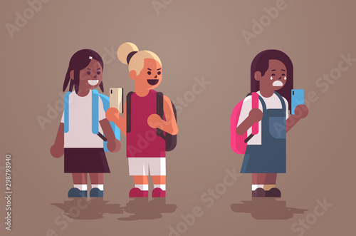 schoolgirl being bullied by text message mix race schoolchildren classmates taking photo mocking sad girl peer violence and bullying concept flat full length horizontal vector illustration