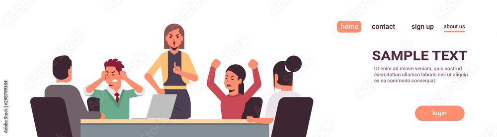 angry businesspeople arguing during meeting business people having problem working in team together conflict concept businesswoman screaming at employees portrait horizontal copy space vector - obrazy, fototapety, plakaty 