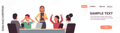 angry businesspeople arguing during meeting business people having problem working in team together conflict concept businesswoman screaming at employees portrait horizontal copy space vector