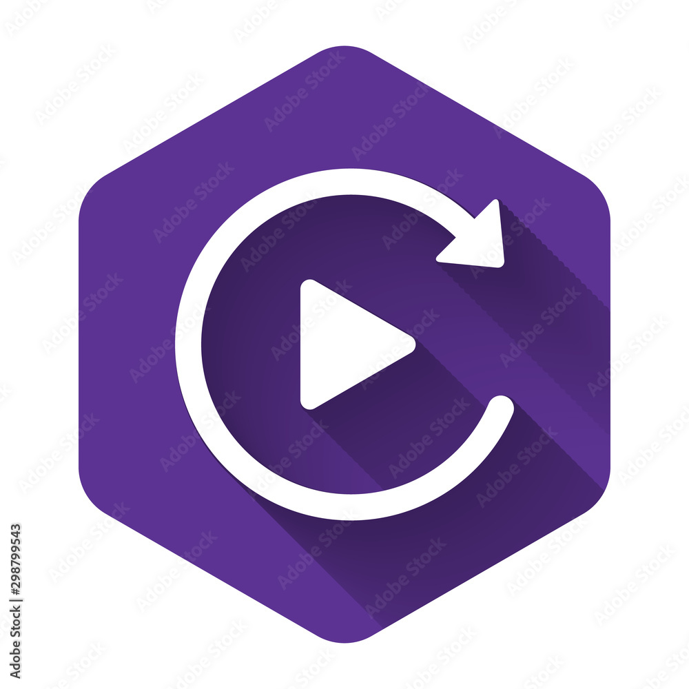 White Video play button like simple replay icon isolated with long shadow. Purple hexagon button. Vector Illustration White Video play button like simple replay icon isolated with long shadow. Purple hexagon button. Vector Illustration