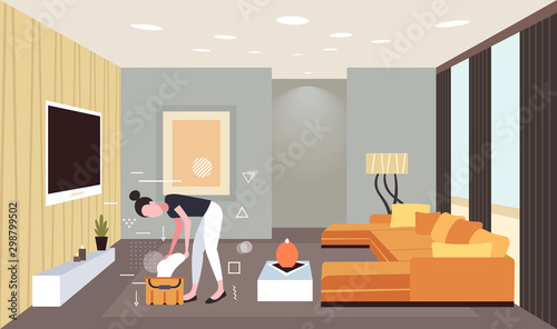 woman cleaner wringing rag into bucket female janitor washing floor cleaning service concept modern living room interior full length sketch horizontal vector illustration