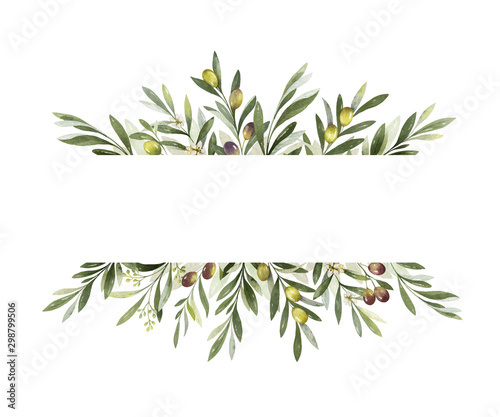 Obraz na płótnie Watercolor vector banner of olive branches and leaves.