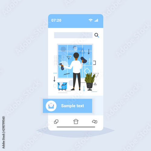 man cleaner using rag and spray rear view african american male janitor cleaning office windows smartphone screen online mobile app full length sketch vector illustration