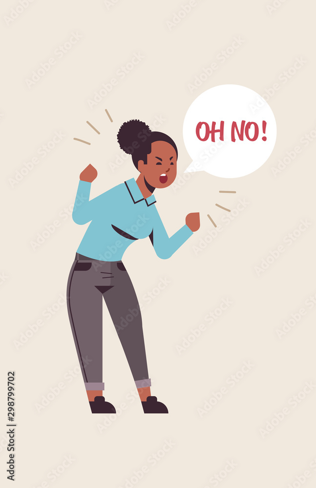 angry unhappy woman saying OH NO speech balloon with NO scream exclamation negation concept furious screaming african american girl raising hands flat full length vertical vector illustration angry unhappy woman saying OH NO speech balloon with NO scream exclamation negation concept furious screaming african american girl raising hands flat full length vertical vector illustration