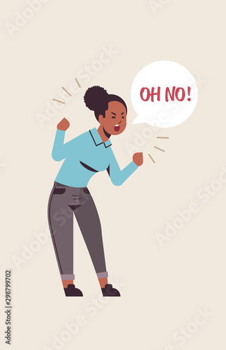 angry unhappy woman saying OH NO speech balloon with NO scream exclamation negation concept furious screaming african american girl raising hands flat full length vertical vector illustration