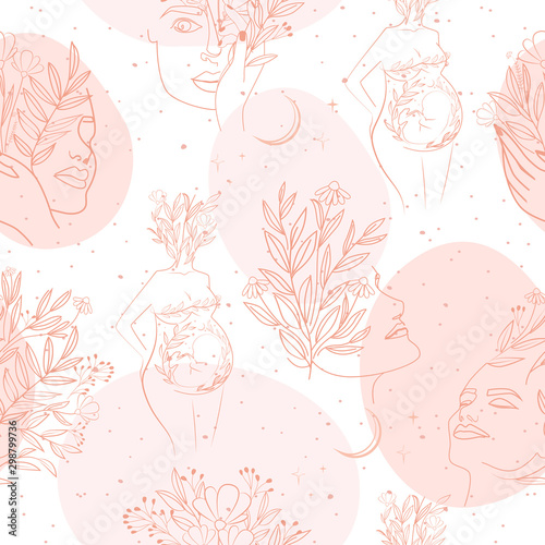 Seamless pattern with leaf and flower elements, girl portrait and silhouette of a pregnant woman in one line style. Editable vector illustration