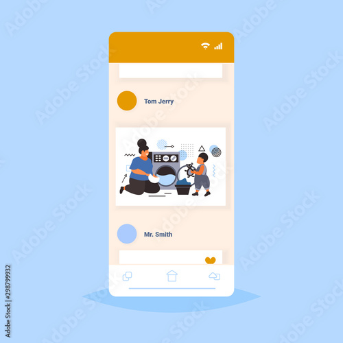 family doing housework mother with son loading clothes in washing machine cleaning service concept smartphone screen online mobile app full length sketch vector illustration