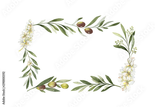 Watercolor vector frame of olive branches and leaves.