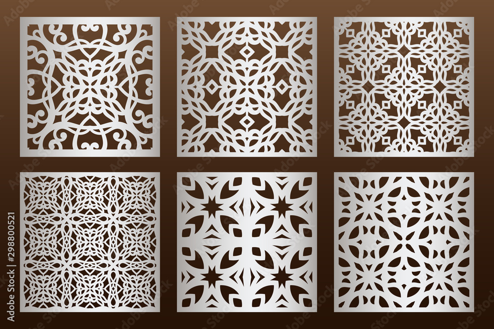 Laser cut panel set in arabic style, cabinet fretwork perforated screen templates . Ornamental panels template set for cutting exterior. Silhouette geometric pattern. Metal, paper or wood carving. - obrazy, fototapety, plakaty 
