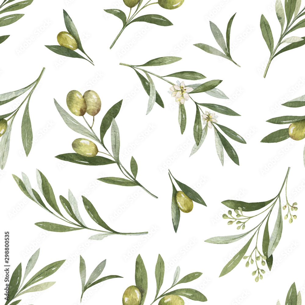 Watercolor vector seamless pattern of olive branches and leaves.
