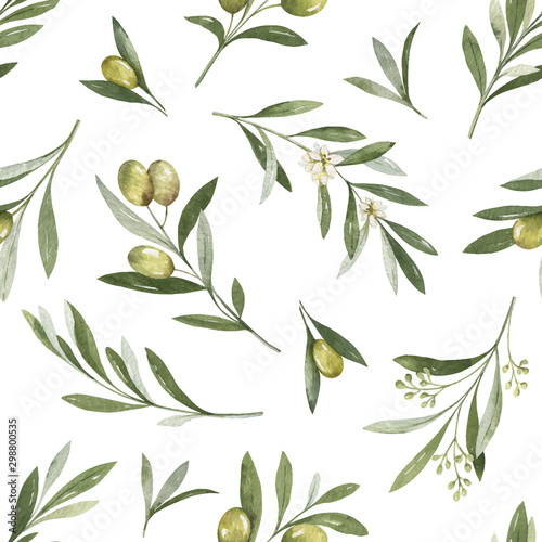 Watercolor vector seamless pattern of olive branches and leaves. photo