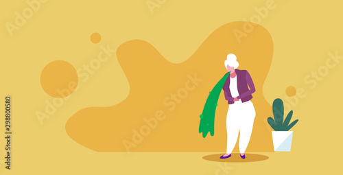 sad senior woman vomiting nausea stomach ache food or alcohol poisoning digestive problem concept unhappy lady puking feeling sick sketch full length horizontal vector illustration