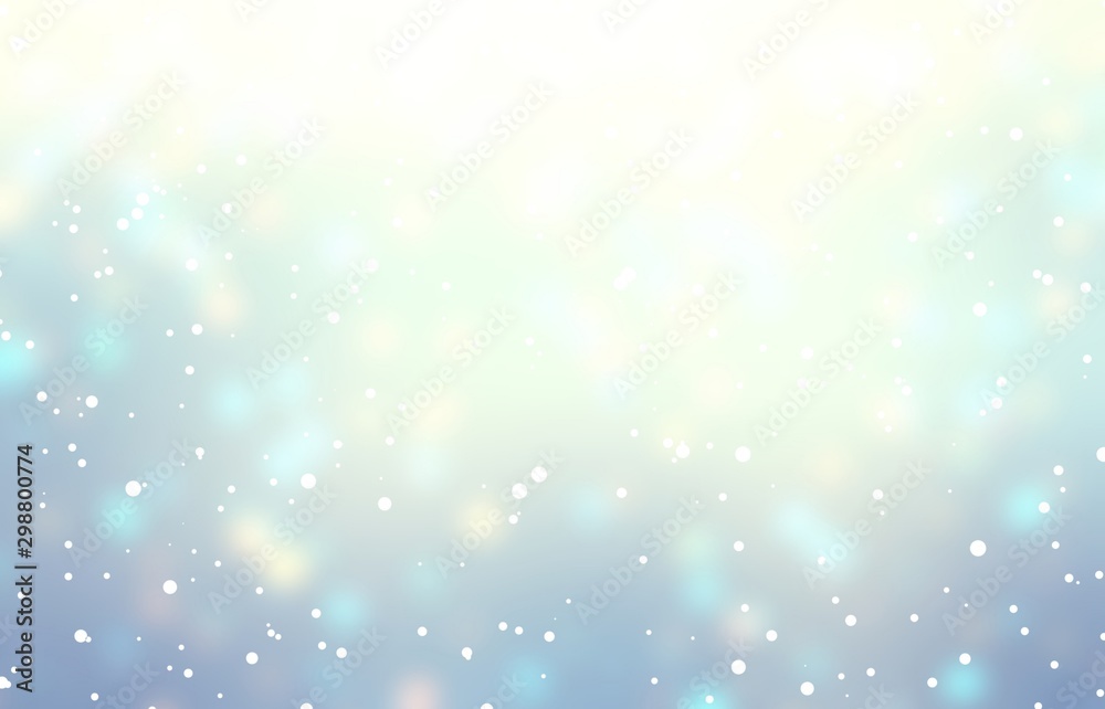 Snow on shine glare background. White blue shimmer ombre pattern. Magical light winter illustration. Blurred holiday texture. Faint soft flares on fuzzy delicate backdrop.