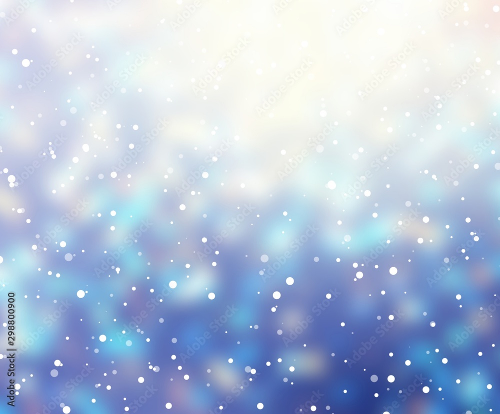 Obraz premium Snow falls on Xmas tree garland glare. Blurred bokeh holiday background. Magical night winter texture. Blue snow wonderful abstract illustration. New Year festive pattern. Defocus garland lights.