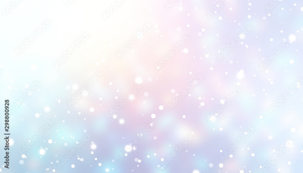 Snow fall on white blue pink ombre background. Magical winter sky blurred texture. Wonderful defocused abstract illustration. Christmas holiday magical backdrop. Bright shine shimmer pattern.