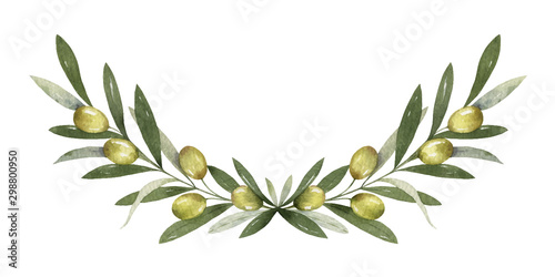 Watercolor vector wreath of olive branches and berries.