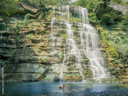 Dog is having fun under the Alferello creek waterfall. Alfero, Forlì-Cesena, Emilia Romagna, Italy. photo