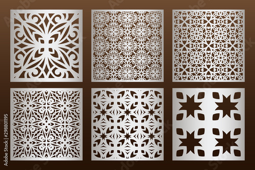 Laser cut panel set in arabic style, cabinet fretwork perforated screen templates . Ornamental panels template set for cutting exterior. Silhouette geometric pattern. Metal, paper or wood carving.