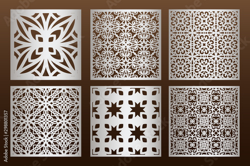 Laser cut panel set in arabic style, cabinet fretwork perforated screen templates . Ornamental panels template set for cutting exterior. Silhouette geometric pattern. Metal, paper or wood carving.