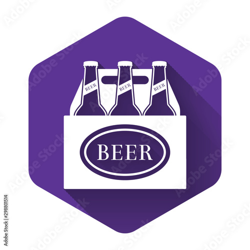 White Pack of beer bottles icon isolated with long shadow. Case crate beer box sign. Purple hexagon button. Vector Illustration