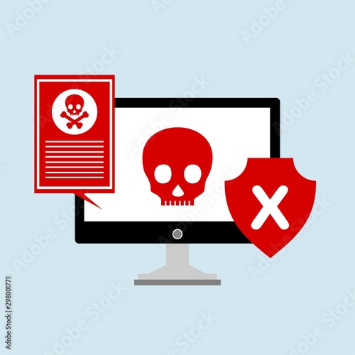 Flat design style modern vector illustration concept of computer and laptop with virus alert message, trojan and worm distribution via internet, software, equipment, antivirus and firewall protection.