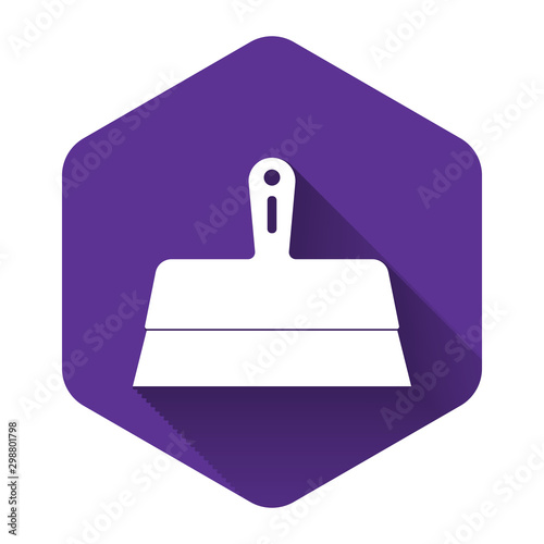White Putty knife icon isolated with long shadow. Spatula repair tool. Spackling or paint instruments. Purple hexagon button. Vector Illustration