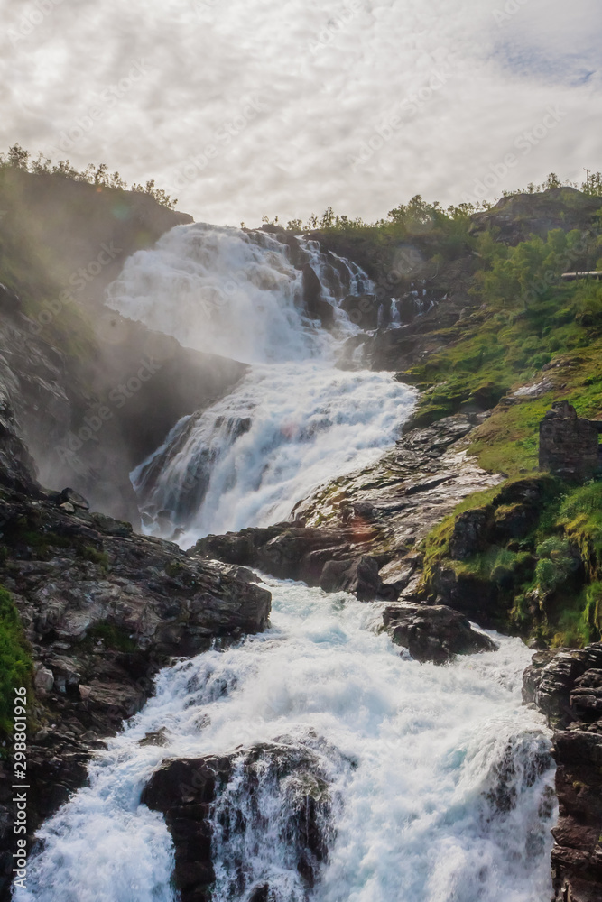 View of the Kjosfossen Waterfall from a Train Travelling on the Flamsbana Railway, Flam, Aurlandsfjord, Norway