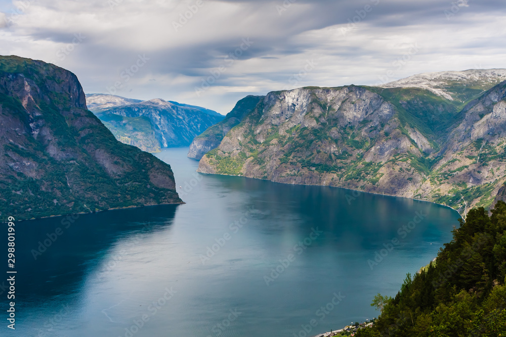 Aurlandsfjord view from the top of Stegastein viewpoint in Norway fjords