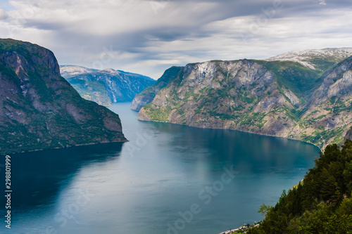 Aurlandsfjord view from the top of Stegastein viewpoint in Norway fjords