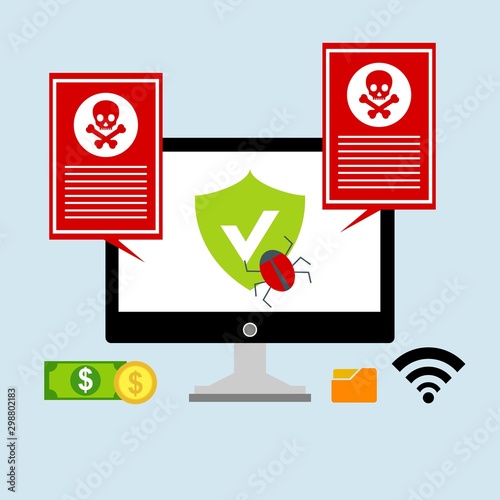computer virus design with virus alert message, trojan ,virus , antivirus and firewall protection., vector illustration